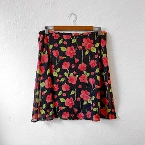Vintage 90s Y2k Pink Green Floral Cottagecore Boho Fairy Flowy Midi Skirt Large
